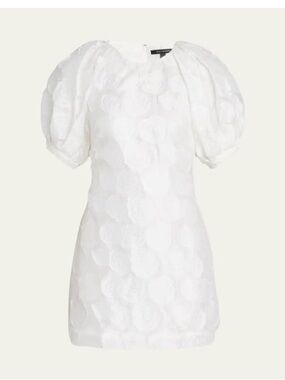 White Puff-Sleeve Floral Appliqué Mini Dress